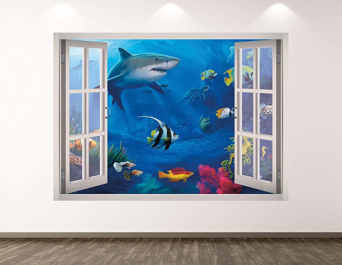 Shark Wall Decal Art: 3D Window Aquarium Mural Sticker for Kids Room