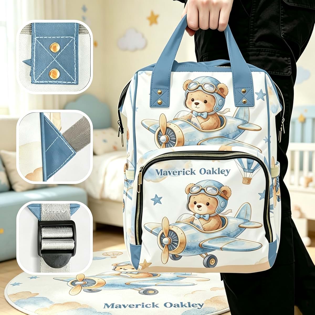 YallLocoMo Teddy Bear Personalized Baby Bag Sky Pilot Bear Multifunction Travel Diaper Bag Nappy Bag for Mom (photo 2)