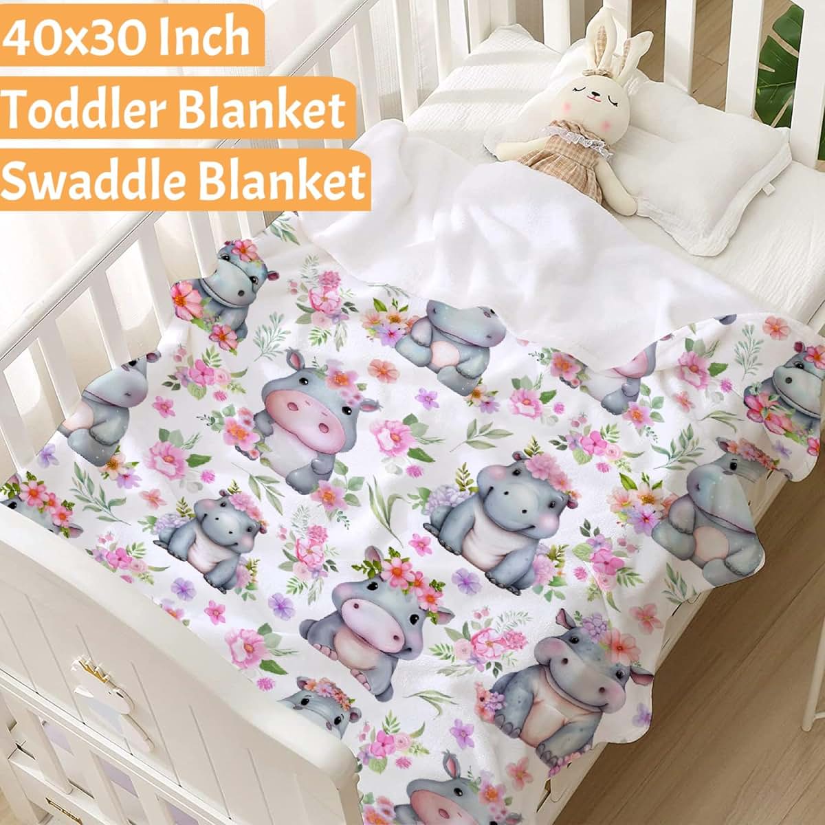 HORSESBLANKET Hippo Floral Blanket Gifts for Girls Boys, Ultra Soft Cozy Hippo Floral Blanket for Boys Girls Bedding (photo 2)