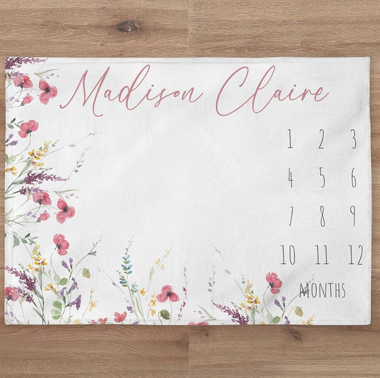 UnoCo Wildflowers Baby Blanket, Custom Girl Floral Blanket, Personalized Wild Flowers Month Blanket, Newborn Gift