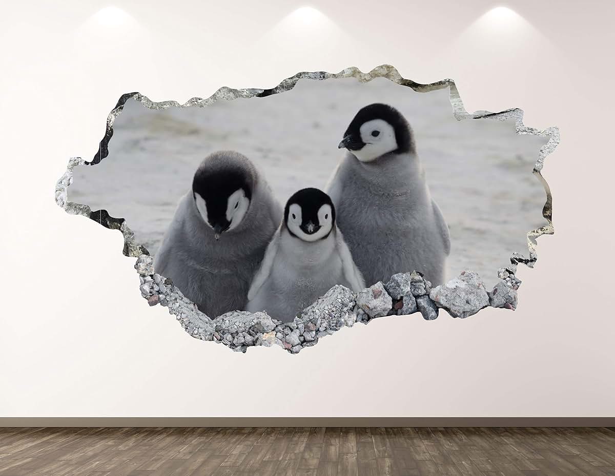 West Mountain Baby Penguins Wall Decal Art Decor 3D Smashed Animal Sticker Poster Kids Room Mural Custom Gift BL233