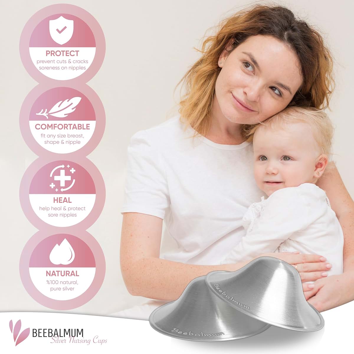 BeebalMum - The Original Silver Nursing Cups, Nipple Shields for Breastfeeding Newborns, Protect & Soothe Nursing (photo 2)