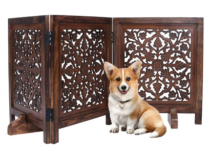 Woodify Dog Gate Freestanding 60x24 Folding 3 Panel, Natural Burnt