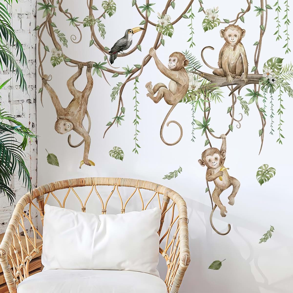 BabyOneStop 3D Cartoon Monkeys Climbing Tree Vines Wall Stickers, Removable Peel & Stick Decals for Nursery