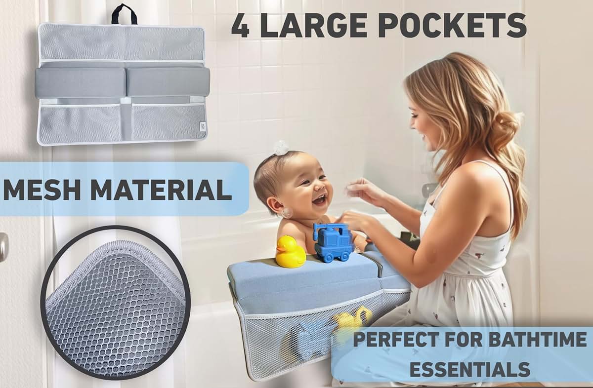 Little Boo Bath Kneeler and Elbow Rest Set with Toy Organizer Pockets, Light Grey