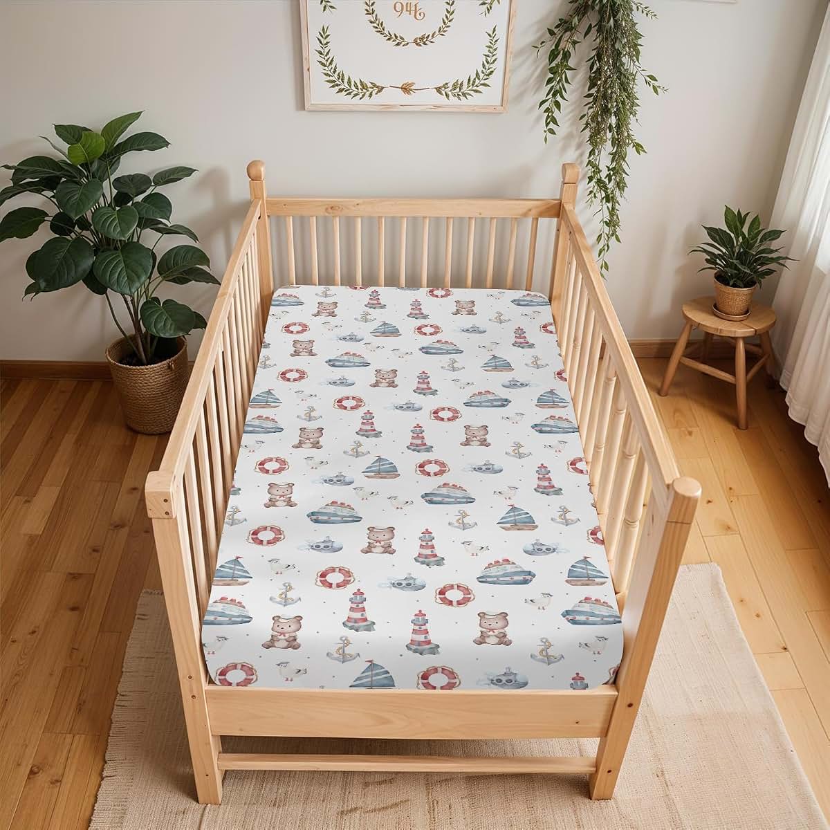 BabyOneStop Sailor Bear Watercolor Crib Sheet 52x28, Coastal Nautical Lighthouse Anchors Boats Fitted Polyester