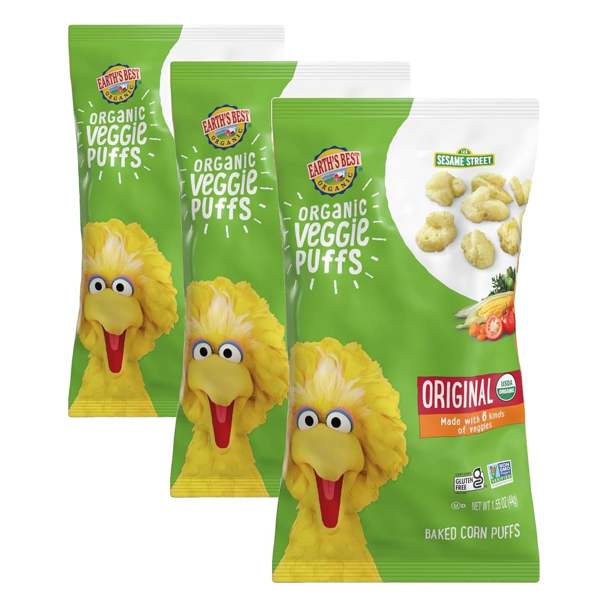 Earth's Best Organic Veggie Puffs for Toddlers, Original Flavor, 1.55 Ounce Bag (Pack of 3)