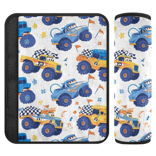 BabyOneStop Seat Belt Covers 2 Pack Cute Monster Trucks Print Flannelette Cotton