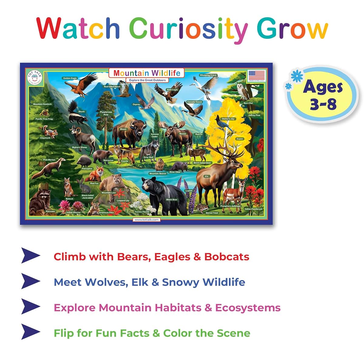 Tot Talk Mountain Wildlife Educational Placemat | Double Sided Learning Mat