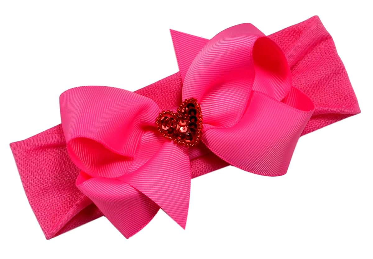 Funny Girl Designs Sequin Heart Baby Bow Headband - Hot Pink