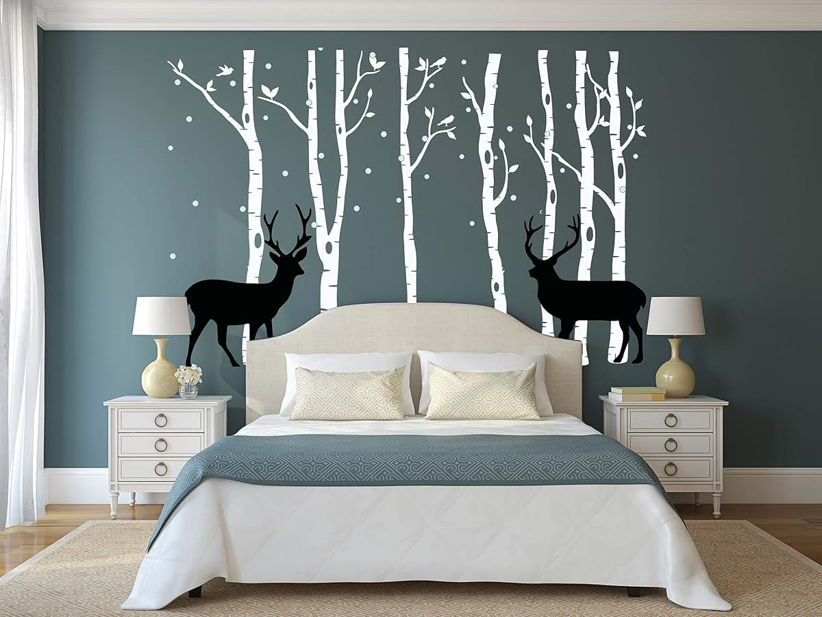 LUCKKYY Birch Tree Deer Wall Decal Nursery Forest Removable Vinyl Sticker
