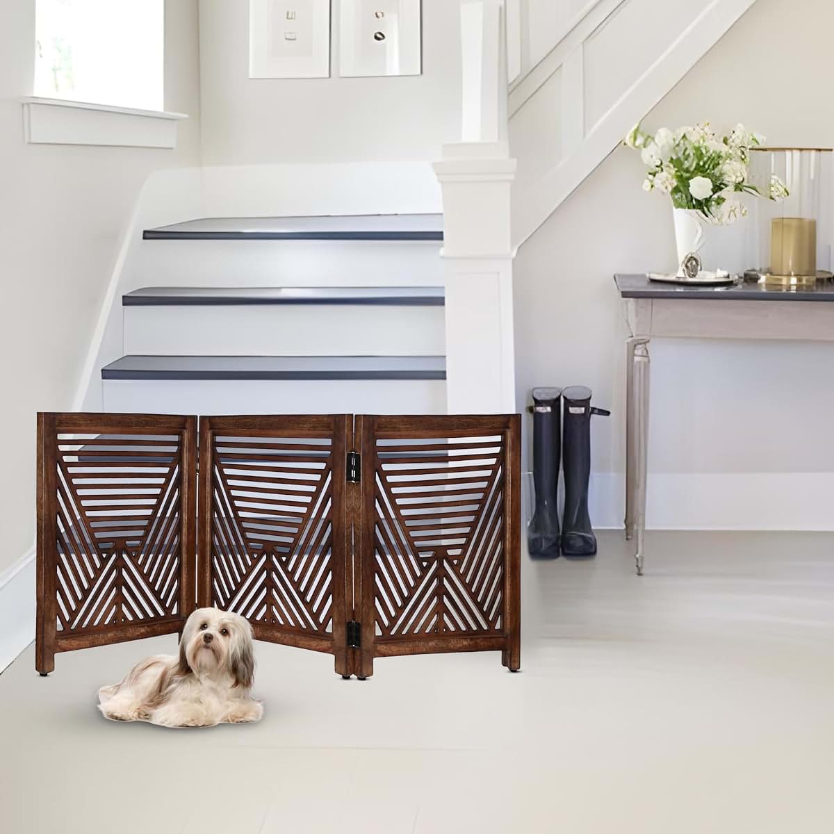 Light & Pro 3-Panel Wooden Dog Gate - Rustic Burnt Finish Freestanding Pet Barrier (photo 2)
