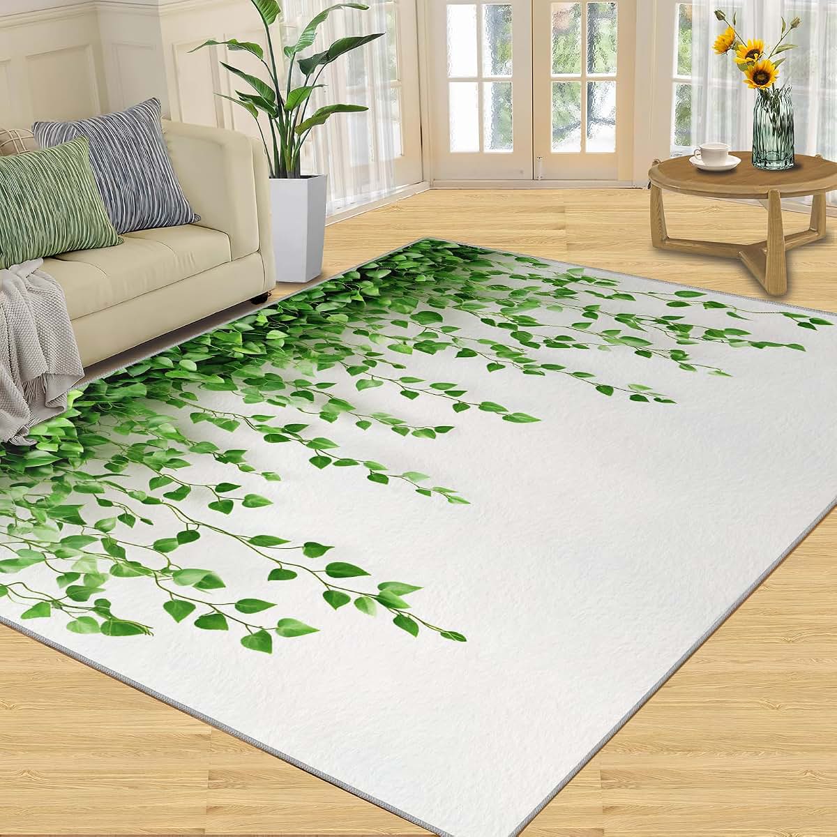 HYGIUID Green Eucalyptus Area Rugs 4x5 - Watercolor Botanical Elegance Rug for Entryway, Nature Leaf Washable Entry Way
