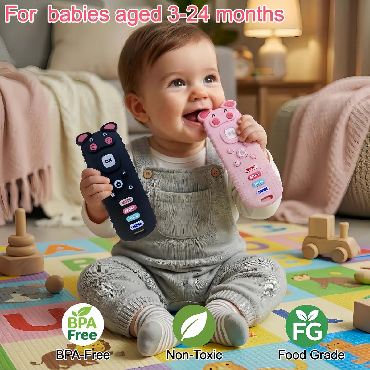 2 Pcs Silicone Remote Control Pig Shaped Teething Toys For 3-18 Months