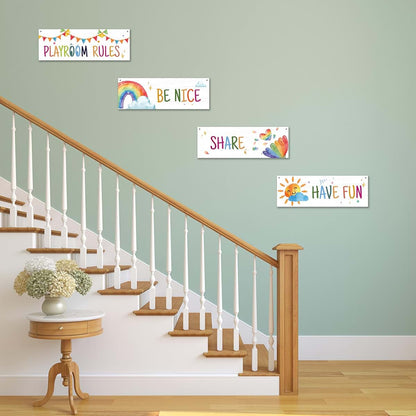 Dskly 4 Pcs Playroom Wall Decor Signs, Rainbow Wooden Hanging Plaques with Hemp Ropes, 12 x 4 Inch