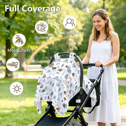 Muslin Cotton Car Seat Canopy Cover for Baby Boy or Girl