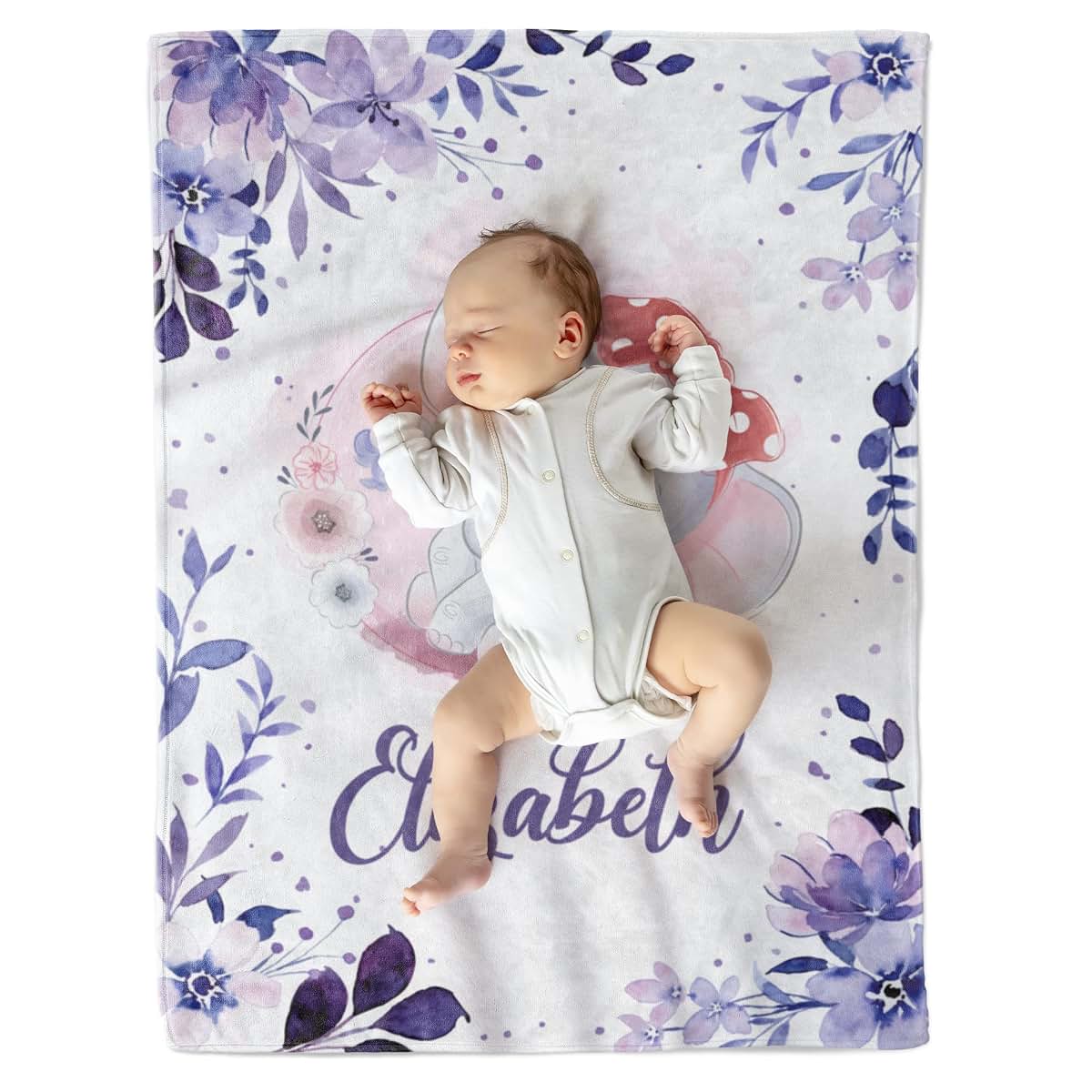 AVIClothes Customized Baby Girl Blanket, Personalized Baby Girl Elephant Blankets - Baby Blanket with Name for Baby (photo 2)