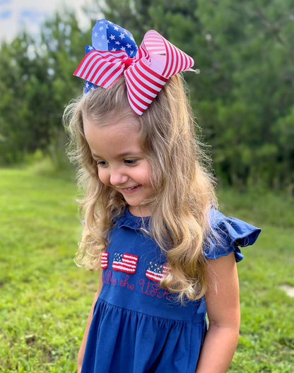 Wee Ones Girls Patriotic Stars and Stripes Print Grosgrain Hair Bow Royal Blue King