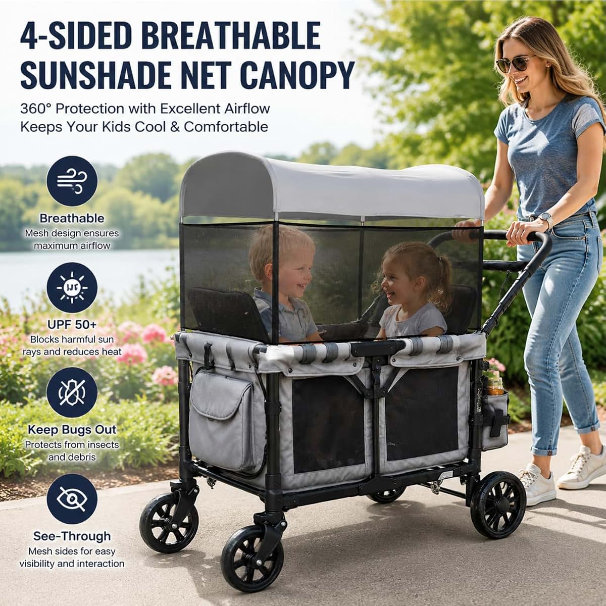 SHINETEC 4-Sided Elastic Mesh Sunshade Fence, Breathable Ventilated Wagon Sun Cover with Elastic Edge, Lightweight