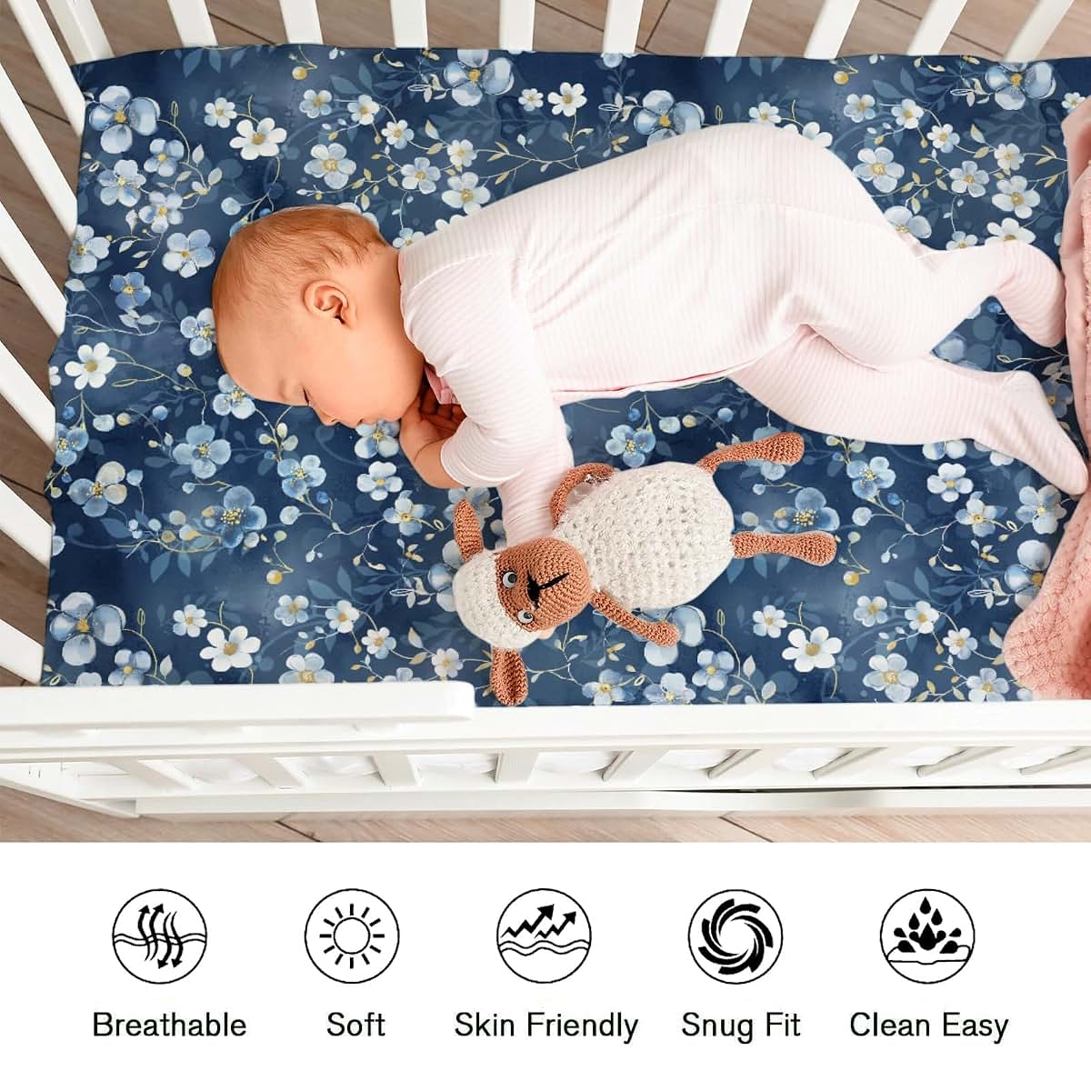 Wonderful Flowers Baby Crib Sheets Navy White Wild Flowers 52x28 Standard Crib Toddler Mattress Cover