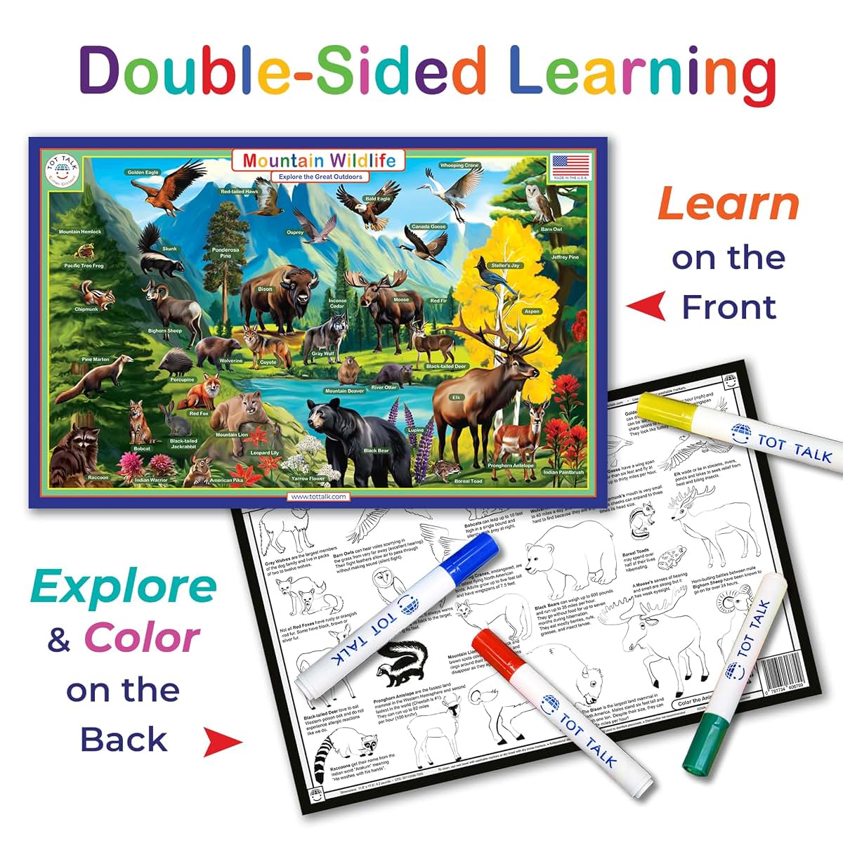 Tot Talk Mountain Wildlife Educational Placemat | Double Sided Learning Mat