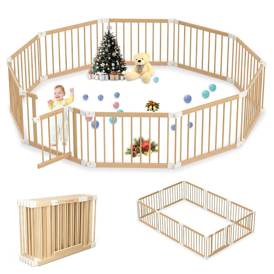 Wooden Baby Gate Playpen Foldable 10 Panel Expandable Play Yard
