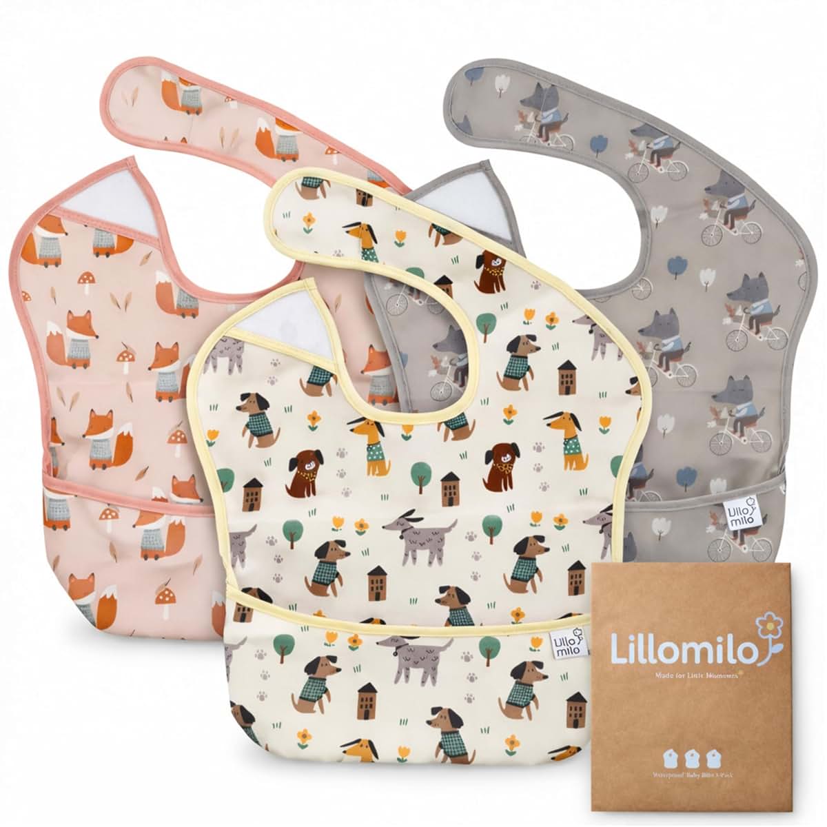 Lillomilo Waterproof Baby Bibs 3-Pack with Food Catcher, Animal Design