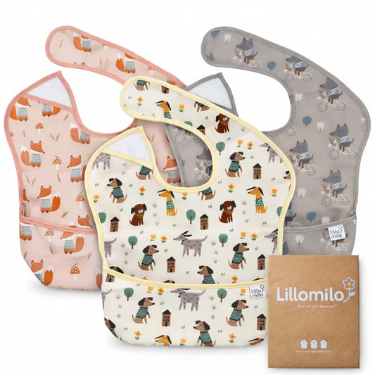 Lillomilo Waterproof Baby Bibs 3-Pack with Food Catcher, Animal Design