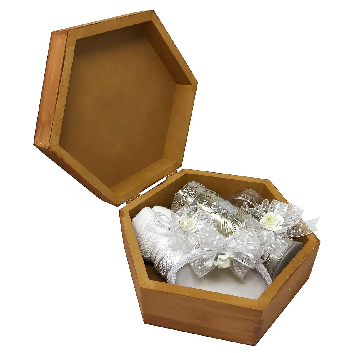 Arcangeles Mexicanos Catholic Baptism Candle Set with Wooden Box