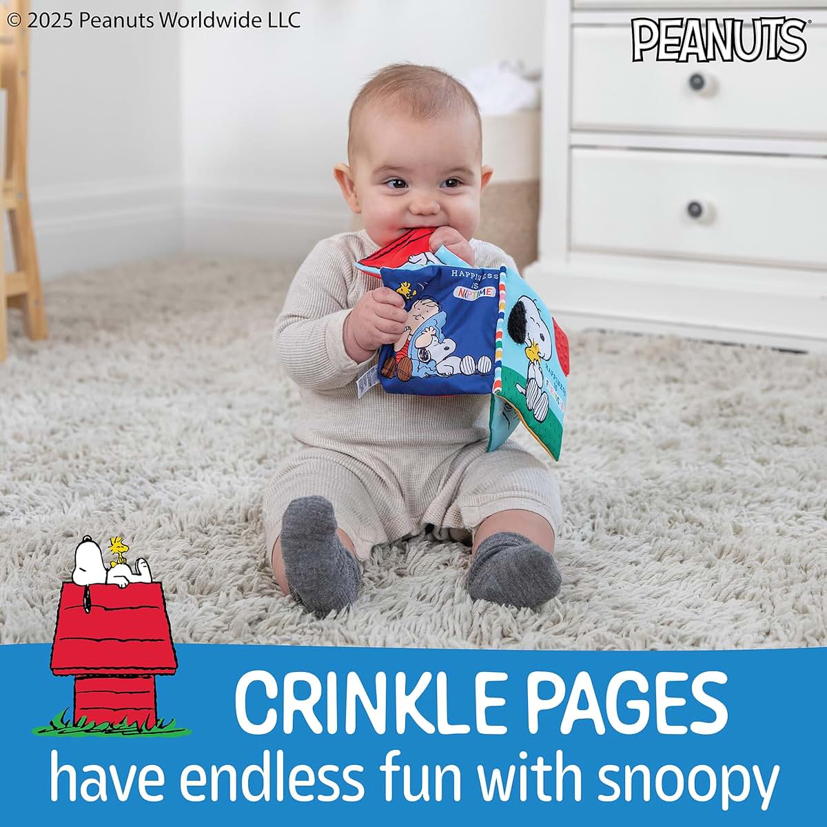 Kids Preferred Peanuts Snoopy Baby Stuff Fun Crinkle Book with On The Go Travel Clip Teether Soft Sensory Book for (photo 3)