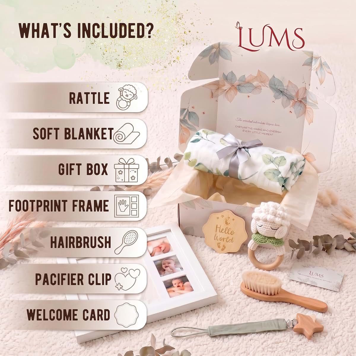 LUMS Baby Gift Basket – Newborn Gift Set 6 Pieces: Bamboo Blanket, Footprint Frame, Rattle, Comb, Pacifier Clip & (photo 3)