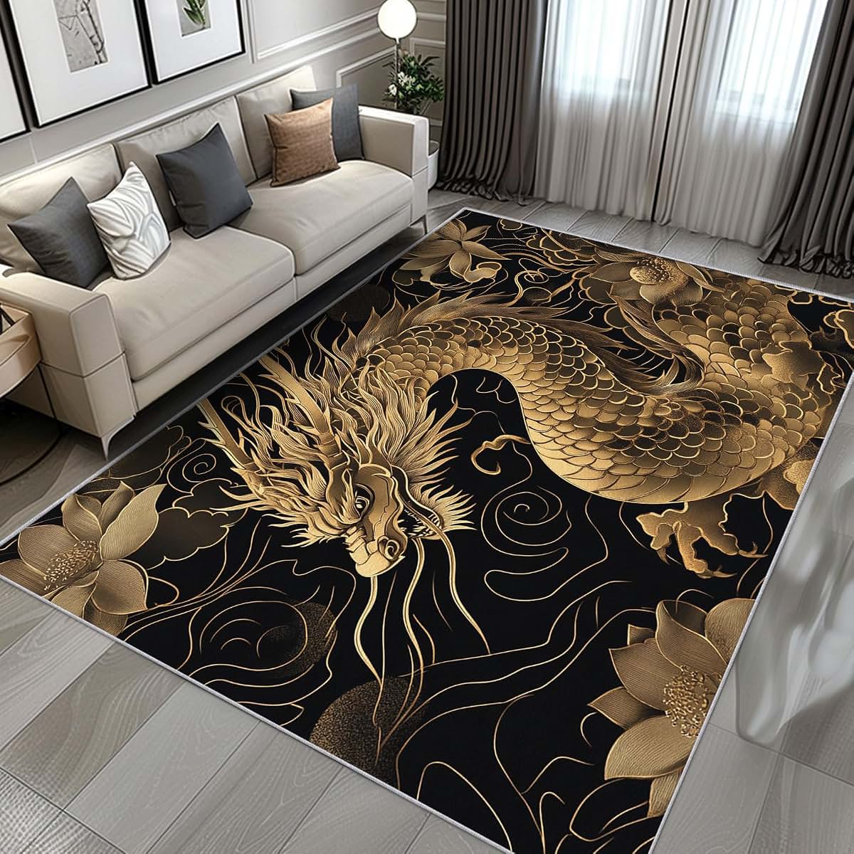 SZLYZM Dragon Rug for Nursery - Japanese Dragon Area Rug 4x5, Chinese Home Decor, Black Gold Rome Decor & Gifts