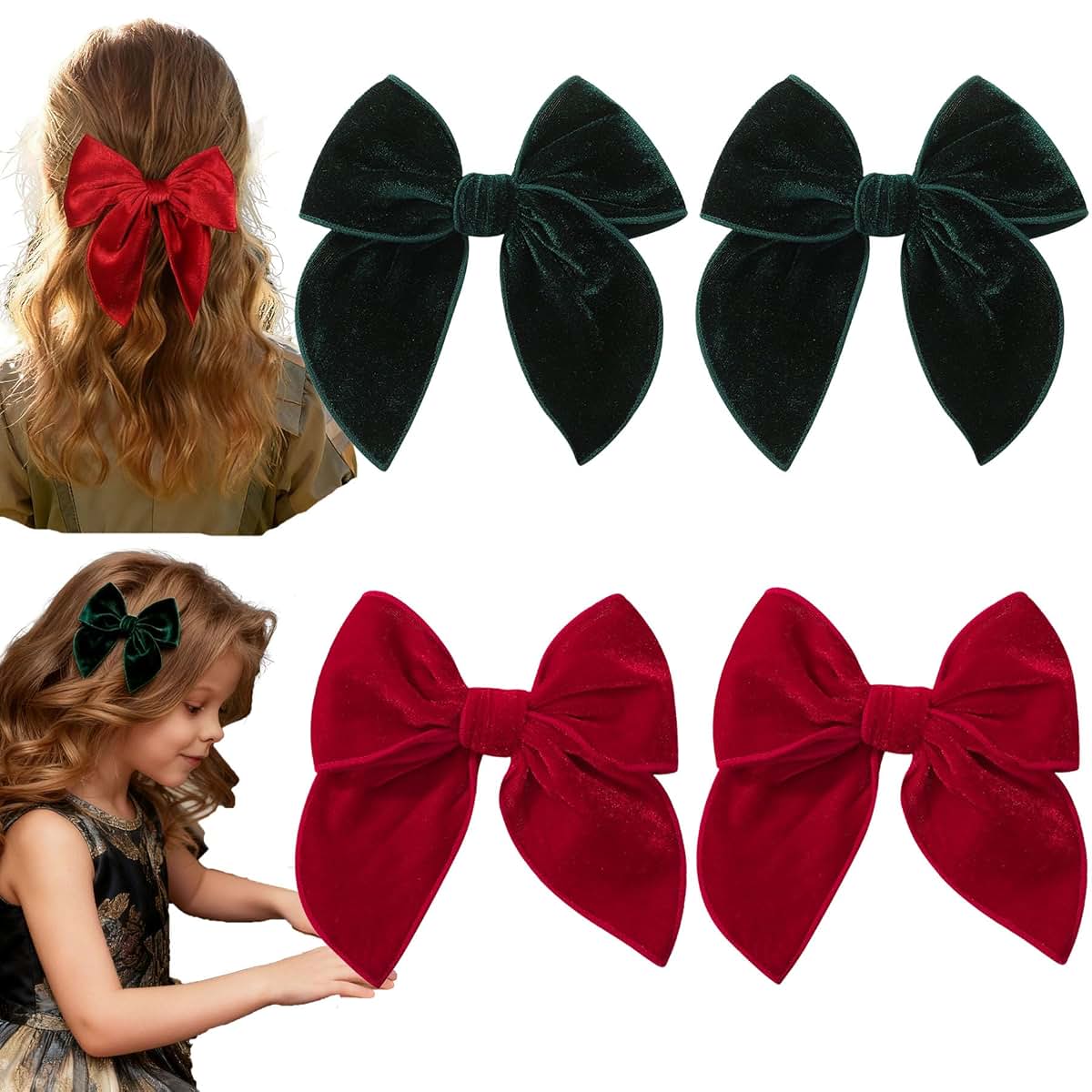 Tinsparkwin Red And Green Velvet Hair Bows With Alligator Clips