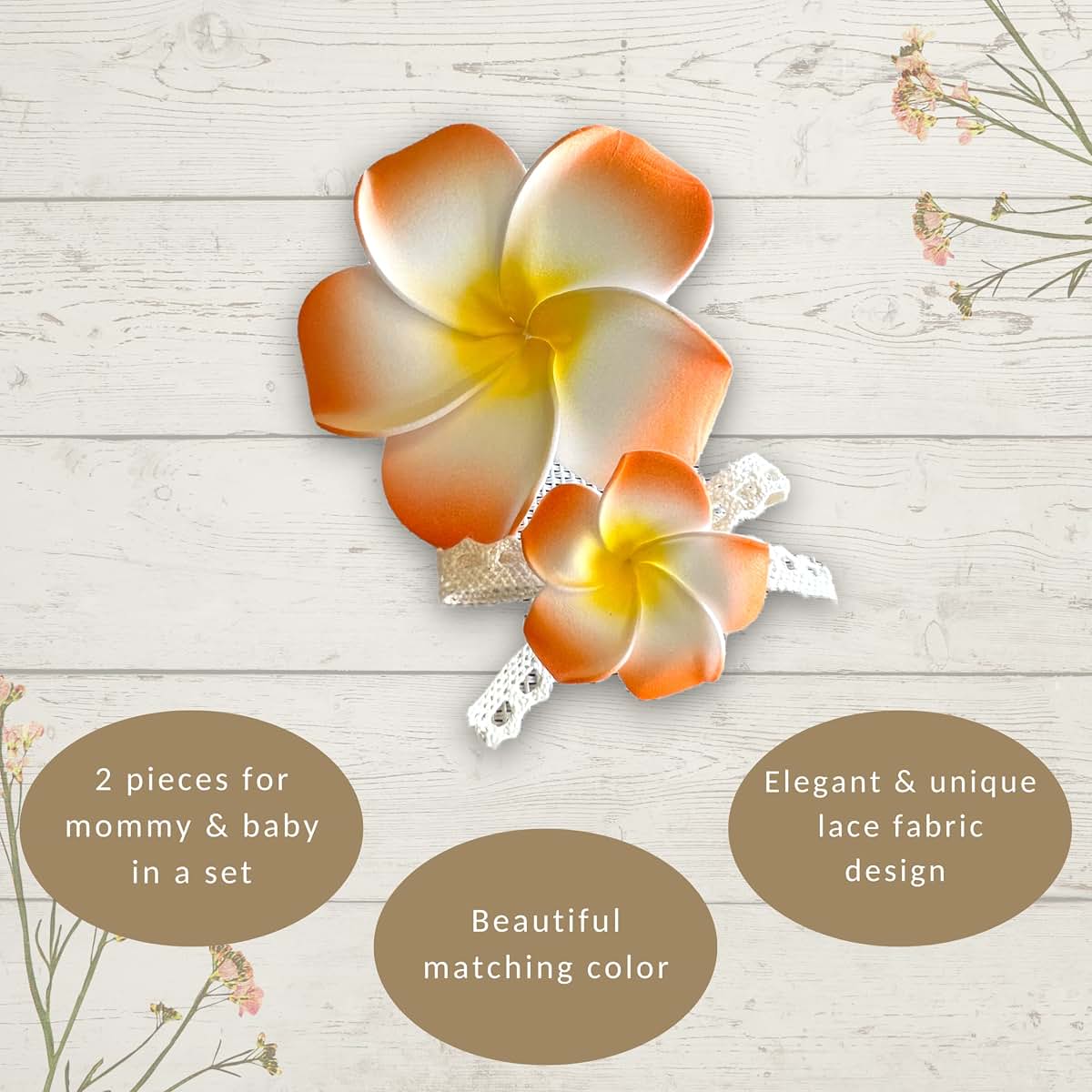 Mommy and Baby Plumeria Flower Matching Headband and Hair Clip Set