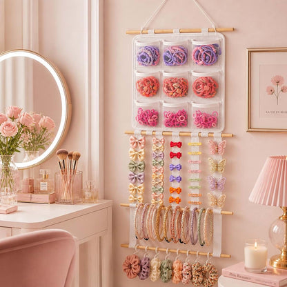Cozisvoker Bow Organizer for Girls, 20 Hooks, 9 Mesh Pockets, Wall Hanging (photo 2)