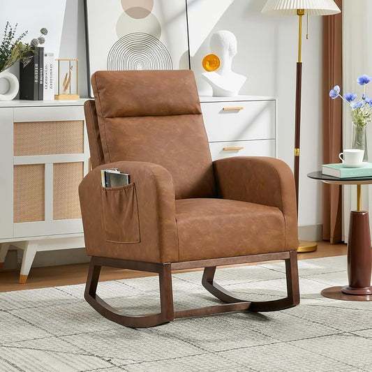 Sunvasagoo Nursery Glider Rocking Chair with 2 Side Pockets - Solid Wood Legs, Cozy Armchair for Baby Room, Living