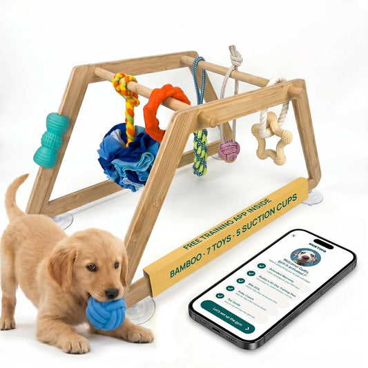 Nurtino Bamboo Puppy Play Gym with 7 Teething & Enrichment Toys - Activity Center & Boredom Buster
