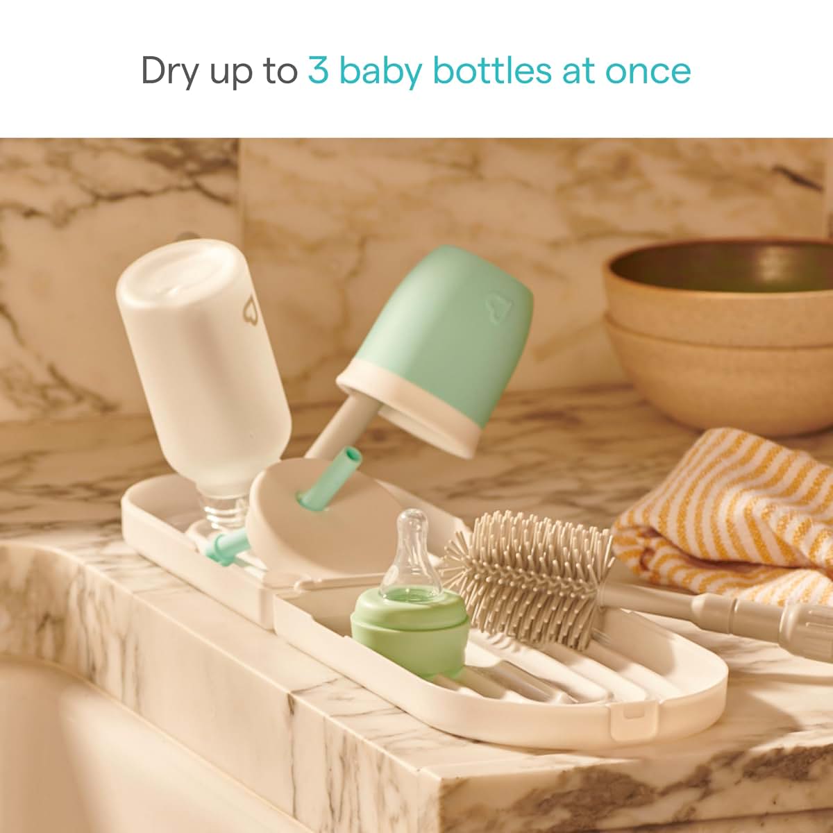 Munchkin Travel Baby Bottle Drying Rack with Silicone Bottle Brush - Foldable for On-the-Go Use