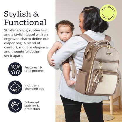 Itzy Ritzy Boss Plus Diaper Bag Backpack In Vanilla Latte With 19 Pockets