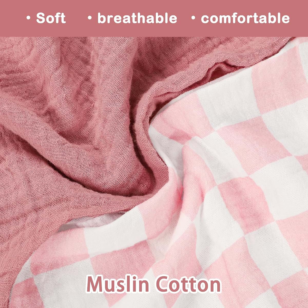 DILIMI Muslin Nursing Pillow Cover 2 Pack, Removable Slipcover with Hidden Zipper, Pink and Checkered