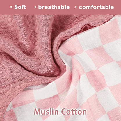 DILIMI Muslin Nursing Pillow Cover 2 Pack, Removable Slipcover with Hidden Zipper, Pink and Checkered