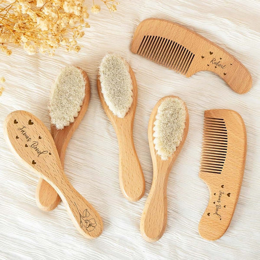 PLOVEGIFT Custom Baby Hairbrush And Comb Set, Personalized Name & Pattern, Wooden Goat Soft-bristle Hair Brush, Cradle