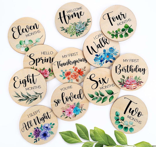 HOUISM Beautiful Baby Monthly Milestone Cards - 12 Double Sided Milestone Wooden Circles Discs with Hello World Birth
