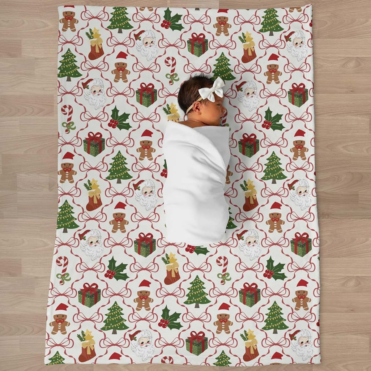 Selgkds Pink Santa Christmas Bows Baby Blankets for Boy Girl Retro Christmas Trees Stockings Fir Gifts Swaddle (photo 3)