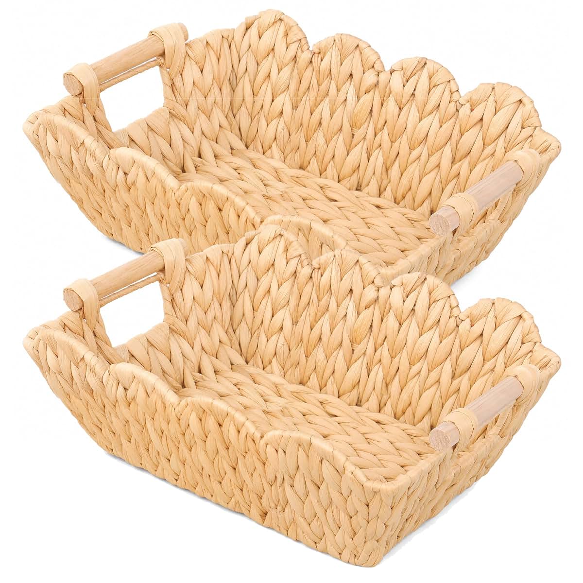 MonoKnot Wicker Storage Baskets, 2 Pack Scalloped Water Hyacinth Baskets