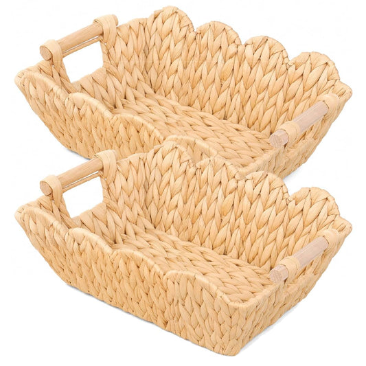 MonoKnot Wicker Storage Baskets, 2 Pack Scalloped Water Hyacinth Baskets