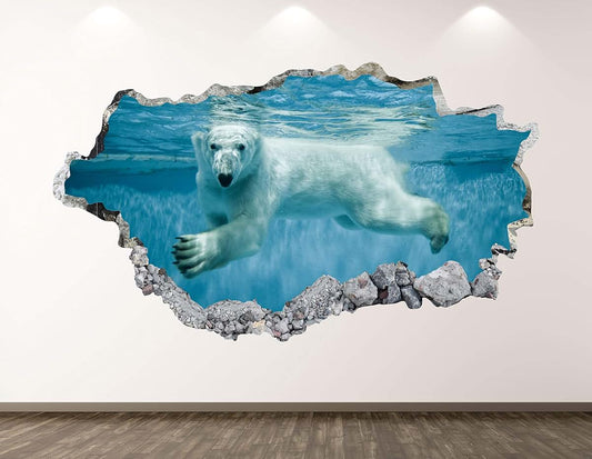 West Mountain Polar Bear Wall Decal Art Decor 3D Smashed Underwater Animal Sticker Mural Kids Room Custom Gift B277