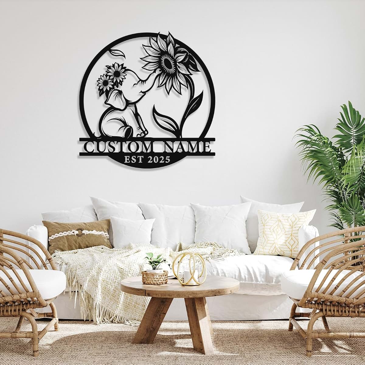 Starteeng Custom Baby Elephant with Sunflower Metal Wall Art – Personalized Nursery Name Sign with Customized – (photo 2)