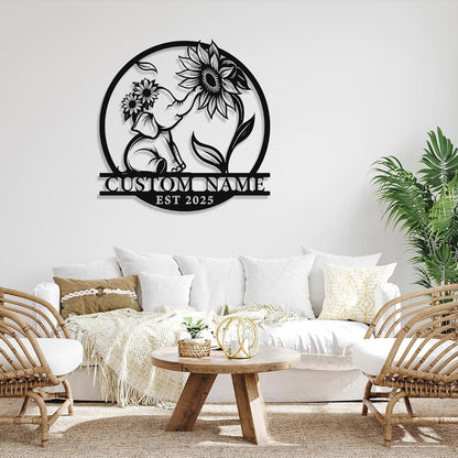 Starteeng Custom Baby Elephant with Sunflower Metal Wall Art – Personalized Nursery Name Sign with Customized – (photo 2)