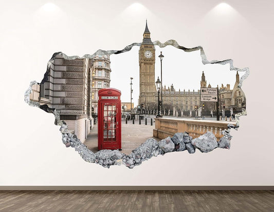 West Mountain London Big Ben Wall Decal Art Decor 3D Smashed Red Phone Sticker Poster Kids Room Mural Custom Gift BL138